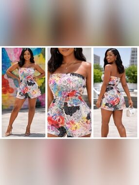 Absolutely It Strapless Colorful Print Romper | Women’s Medium | Summer Brunch